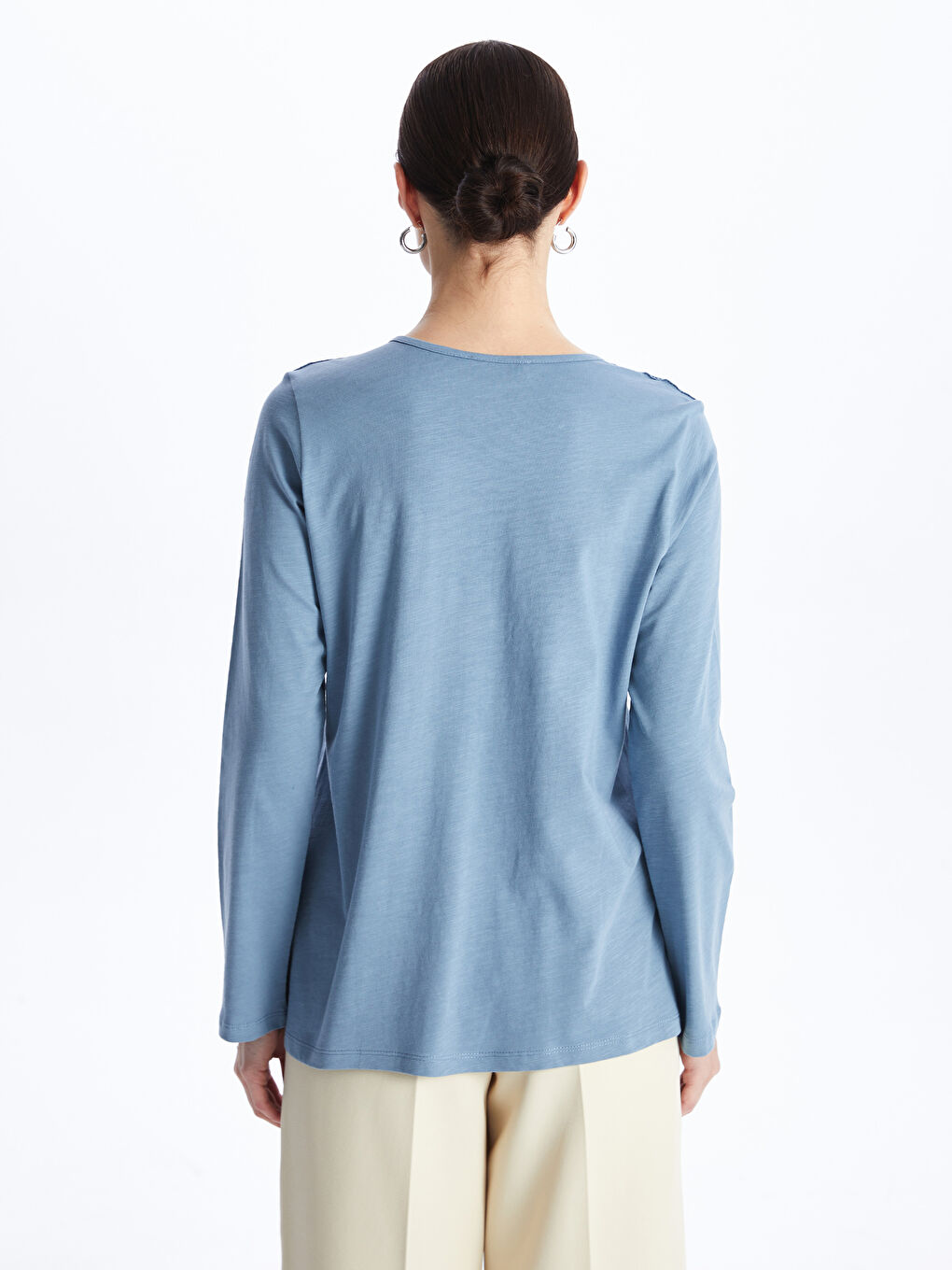 Petrol Bağlamalı Yaka Nakışlı Uzun Kollu Kadın Bluz-4