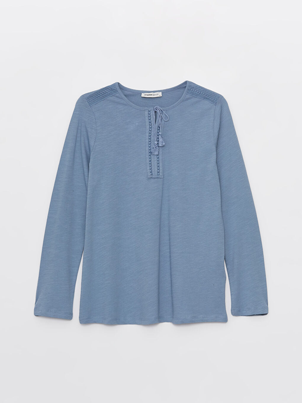 Petrol Bağlamalı Yaka Nakışlı Uzun Kollu Kadın Bluz-5