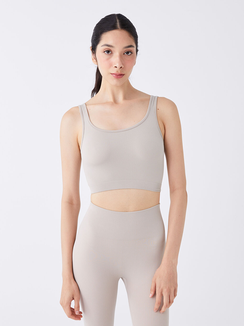 Bej U Yaka Crop Kadın Sporcu Atleti-1