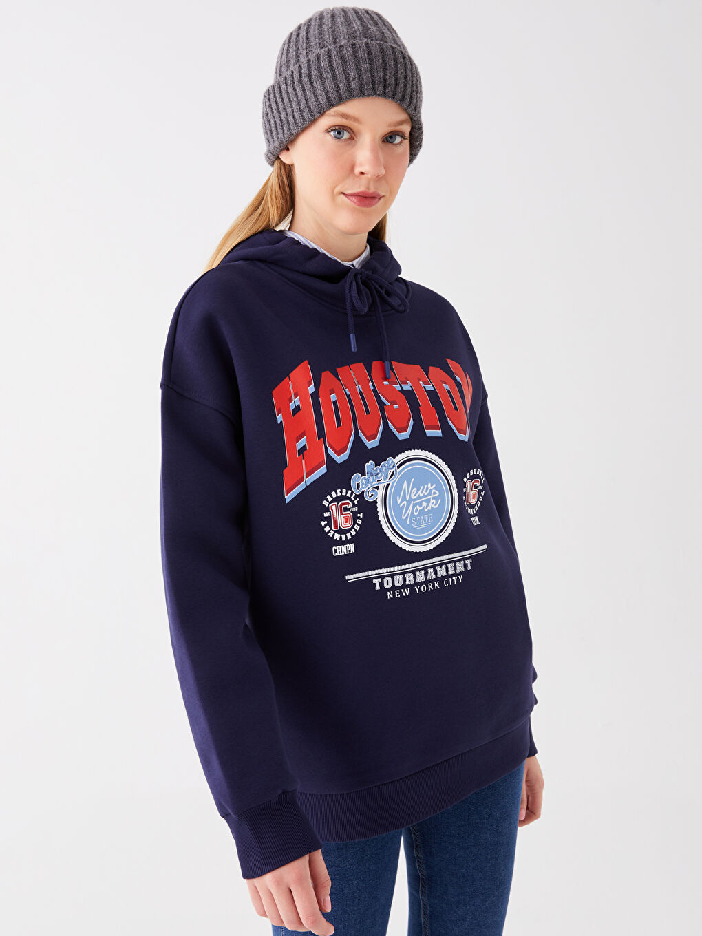 LCW Vision Lacivert Baskılı Oversize Kadın Kalın Hoodie