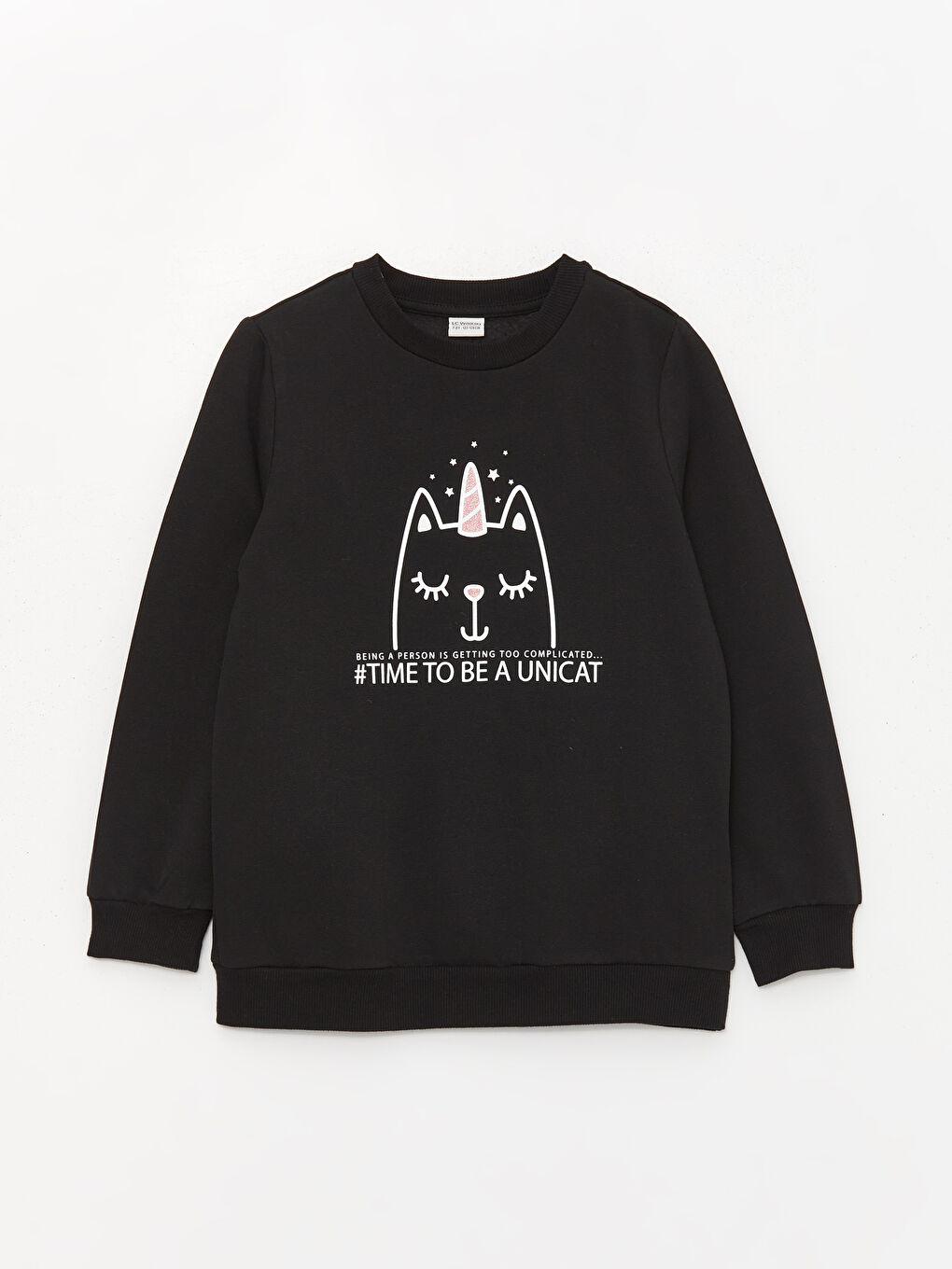 LCW Kids Yeni Siyah Bisiklet Yaka Baskılı Uzun Kollu Kız Çocuk Sweatshirt