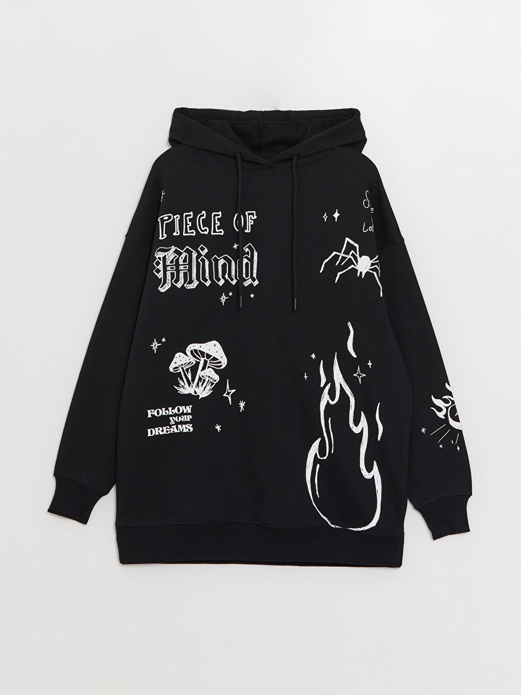 XSIDE Yeni Siyah Baskılı Oversize Kadın Kalın Hoodie - 5