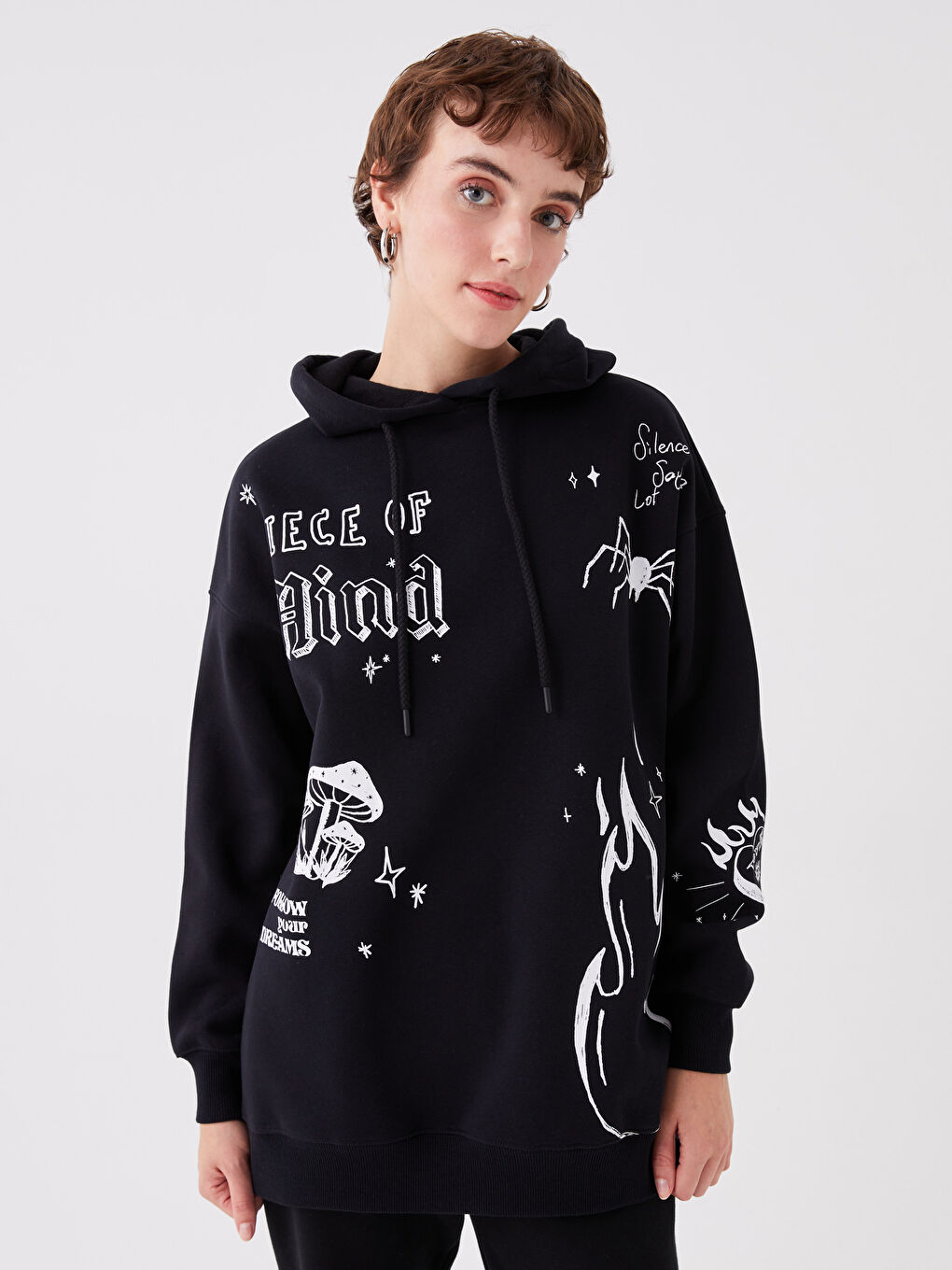 XSIDE Yeni Siyah Baskılı Uzun Kollu Oversize Kadın Hoodie