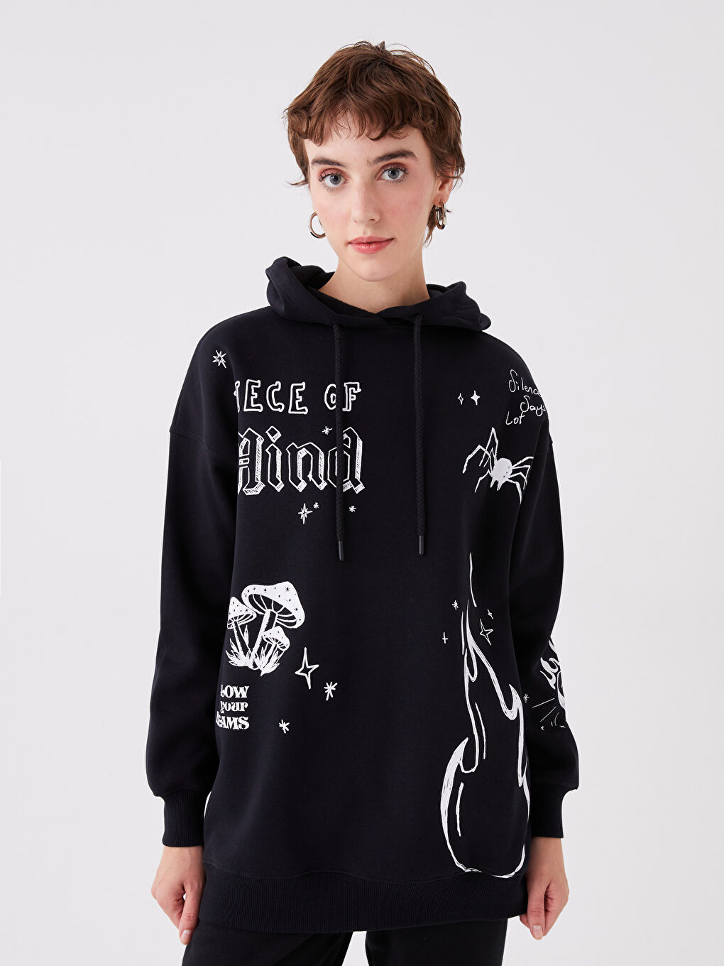 XSIDE Yeni Siyah Baskılı Oversize Kadın Kalın Hoodie - 1