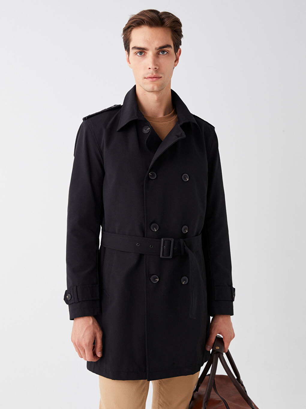 Siyah Slim Fit Ceket Yaka Gabardin Erkek Trençkot