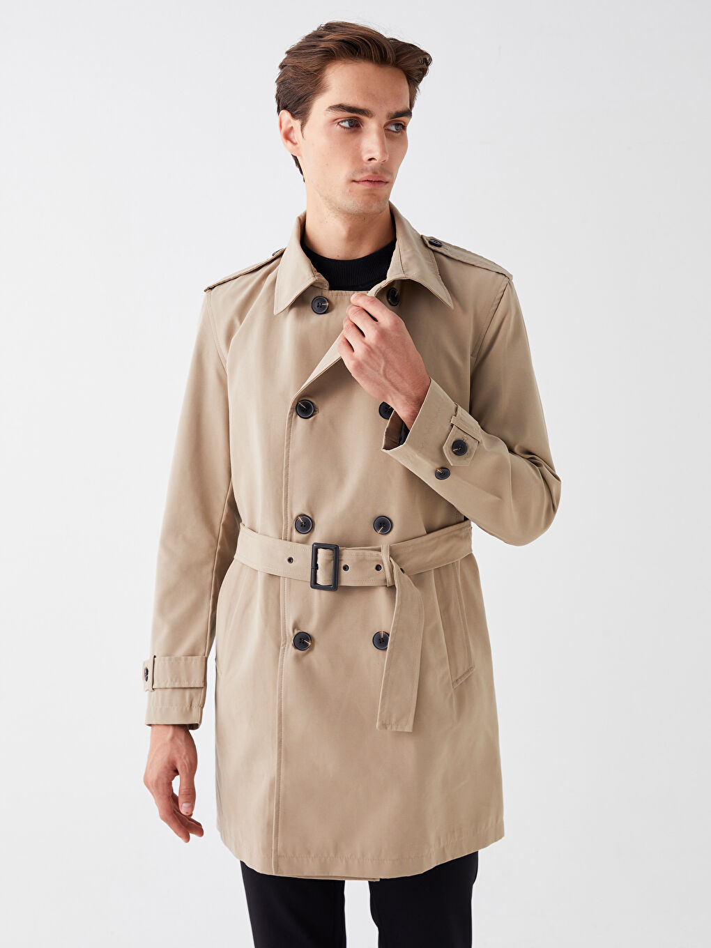 Bej Slim Fit Ceket Yaka Gabardin Erkek Trençkot