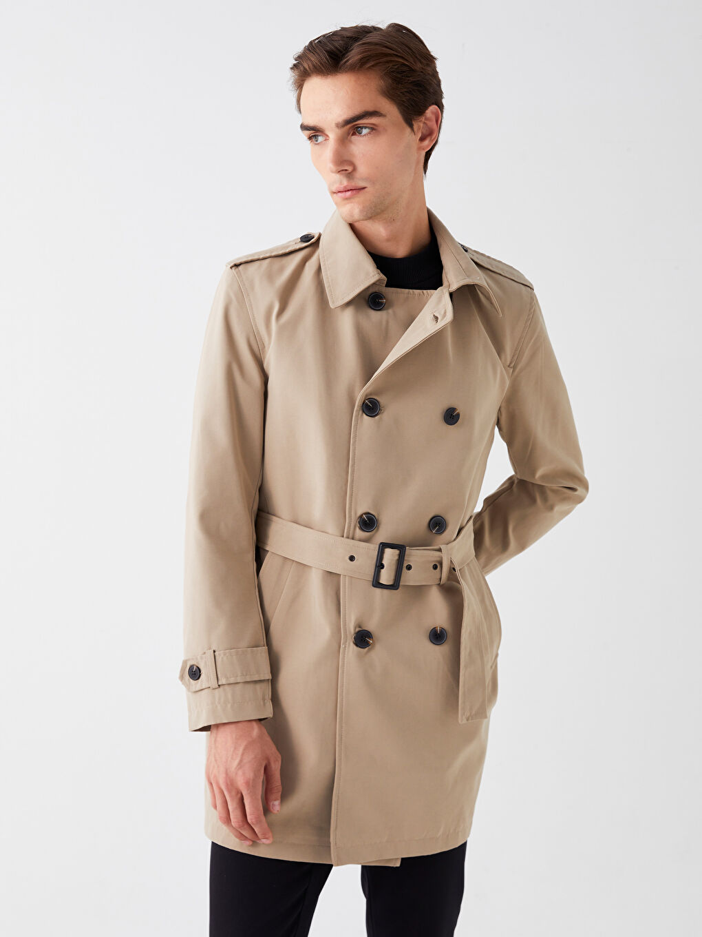 Bej Slim Fit Ceket Yaka Gabardin Erkek Trençkot-1