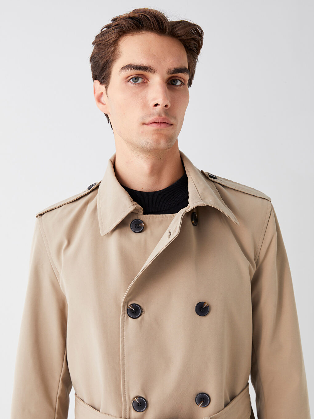 Bej Slim Fit Ceket Yaka Gabardin Erkek Trençkot-2