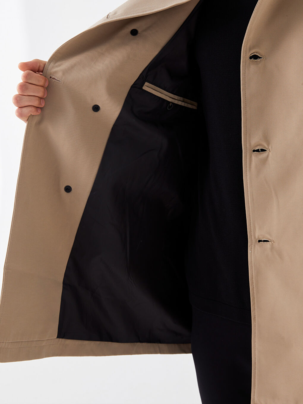 Bej Slim Fit Ceket Yaka Gabardin Erkek Trençkot-3