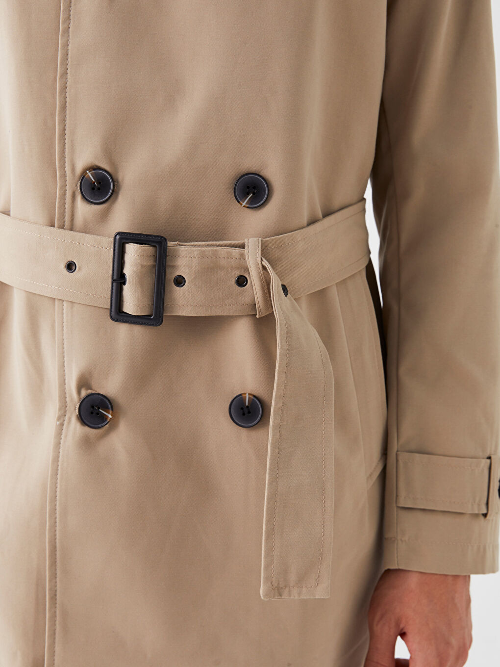 Bej Slim Fit Ceket Yaka Gabardin Erkek Trençkot-4