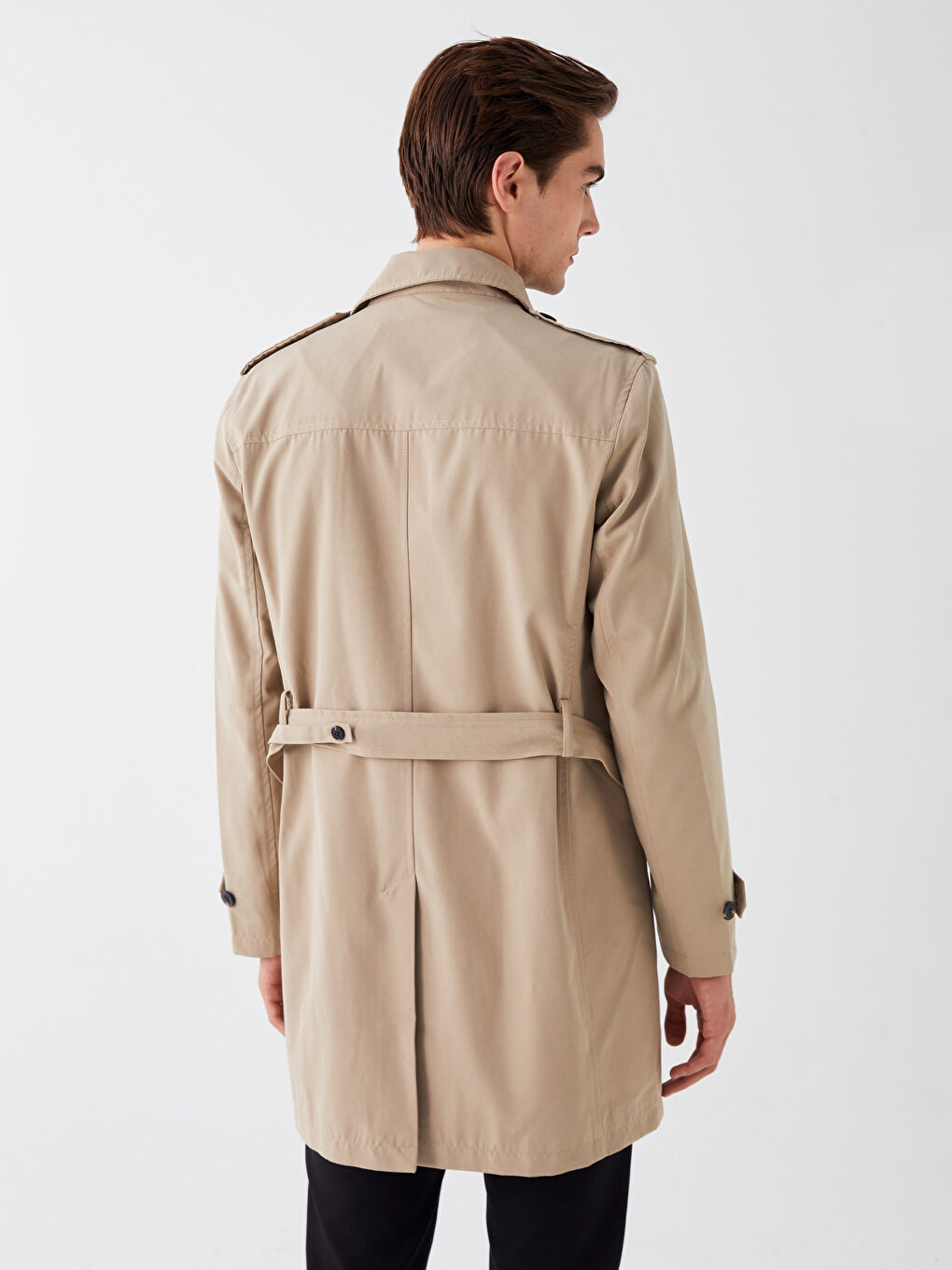 Bej Slim Fit Ceket Yaka Gabardin Erkek Trençkot-6