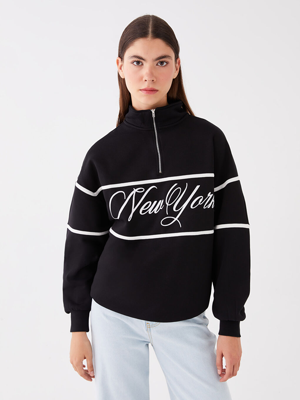 Stand Collar Printed Women's Thick Sweatshirt
