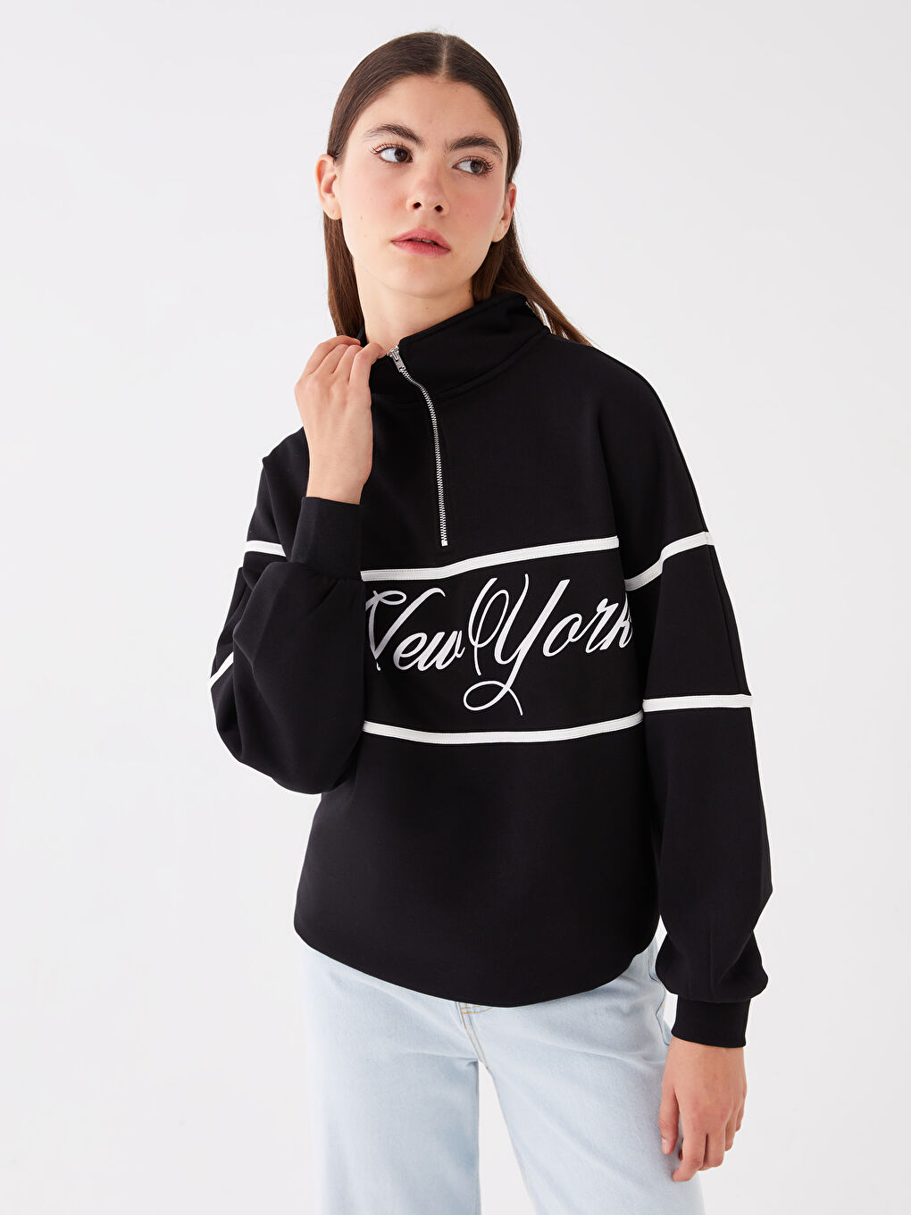 Stand Collar Printed Women's Thick Sweatshirt-1