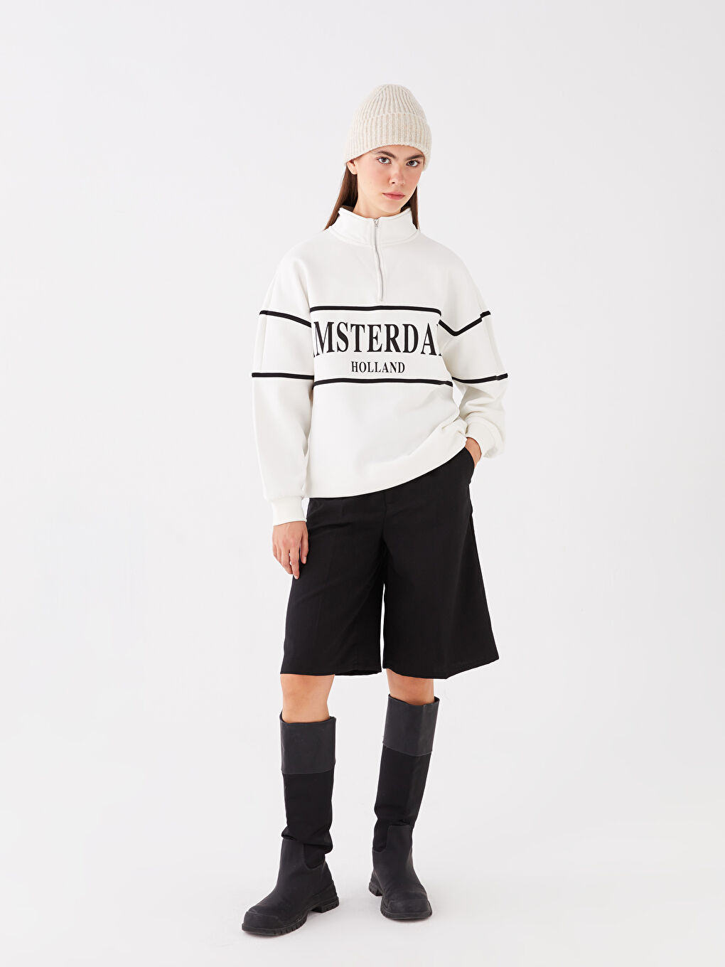 سويت شيرت تخين ياقة قمع مطبوع للسيدات-2