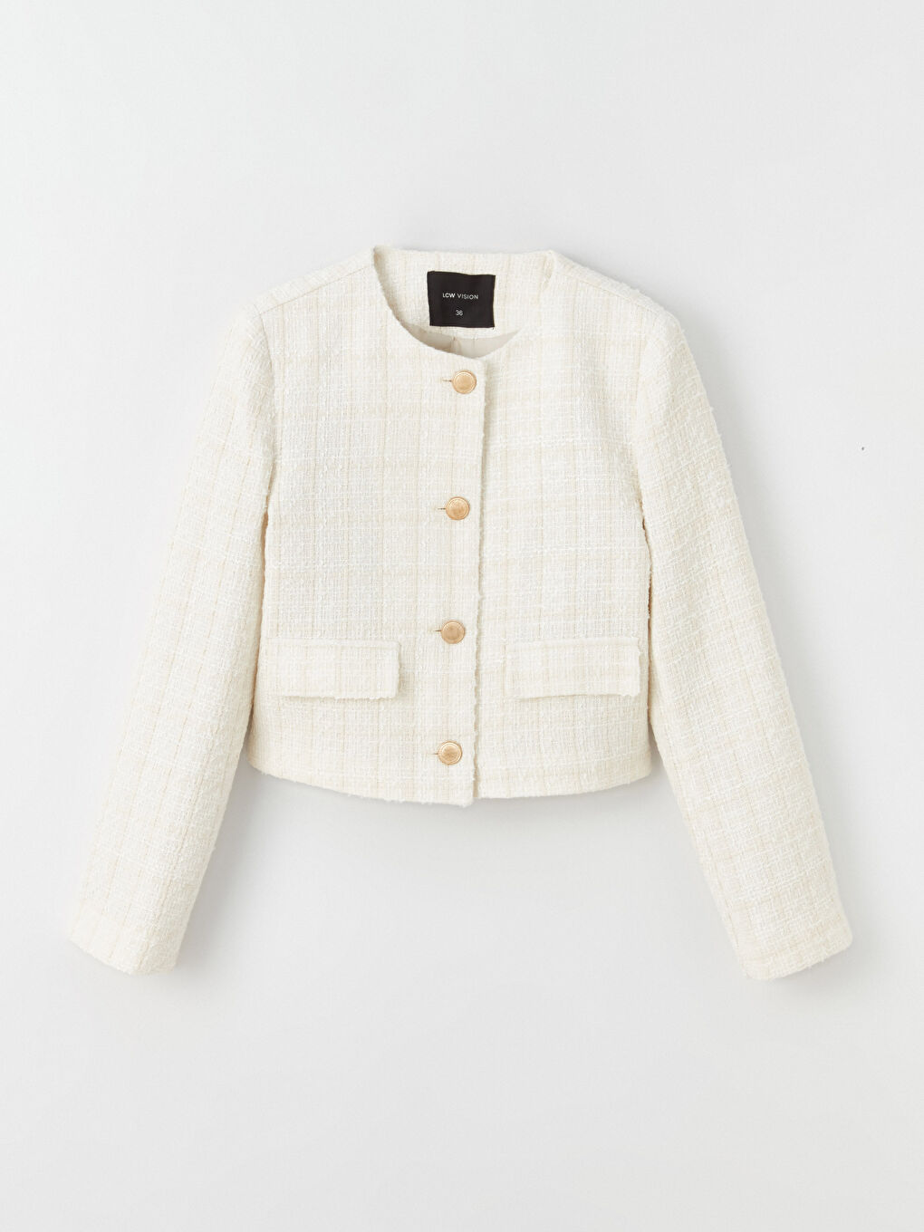 Ekru Bisiklet Yaka Ekose Uzun Kollu Kadın Ceket-5