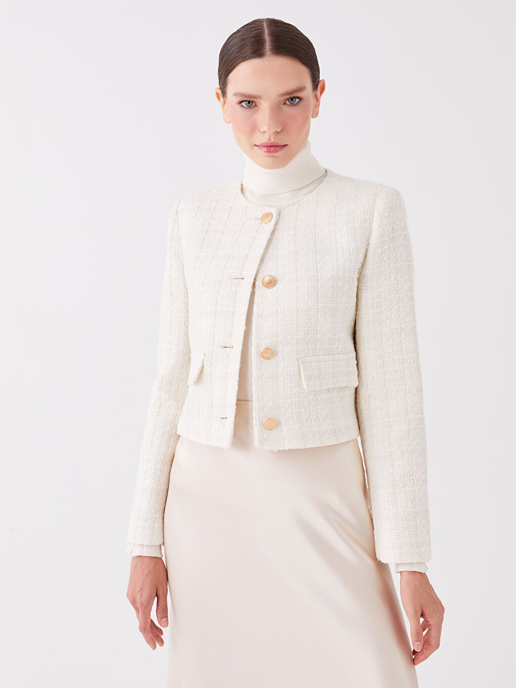 Ekru Bisiklet Yaka Ekose Uzun Kollu Kadın Ceket