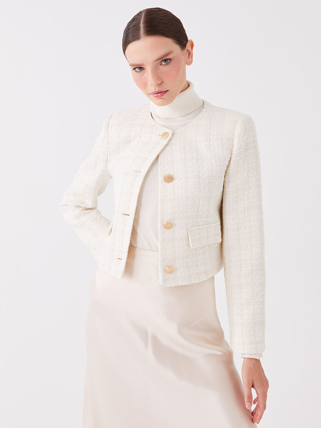 Ekru Bisiklet Yaka Ekose Uzun Kollu Kadın Ceket-1