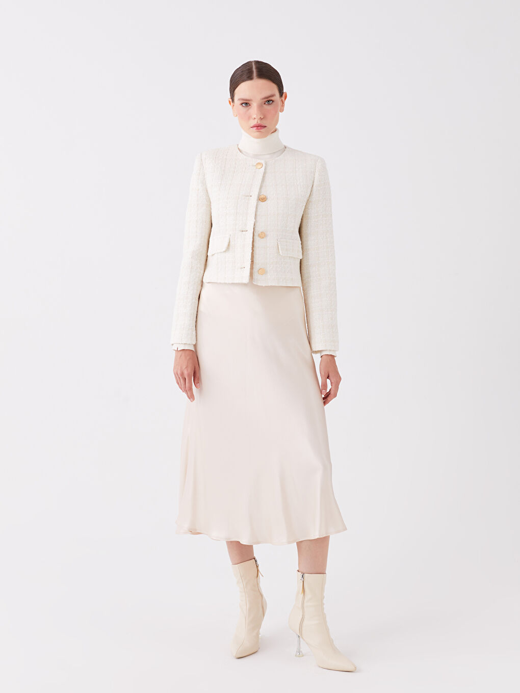 Ekru Bisiklet Yaka Ekose Uzun Kollu Kadın Ceket-2