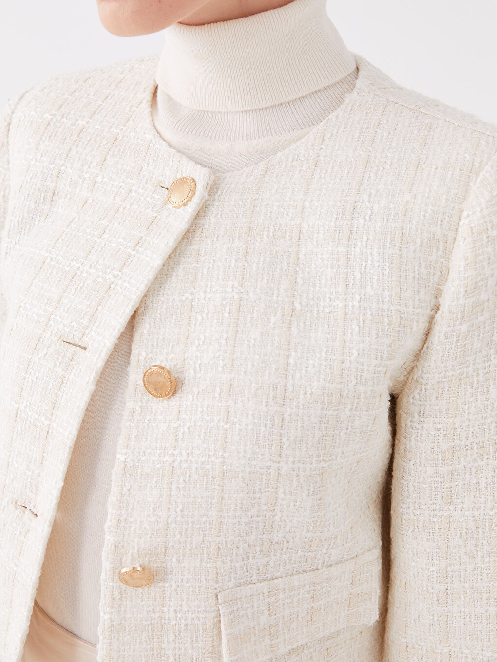 Ekru Bisiklet Yaka Ekose Uzun Kollu Kadın Ceket-3