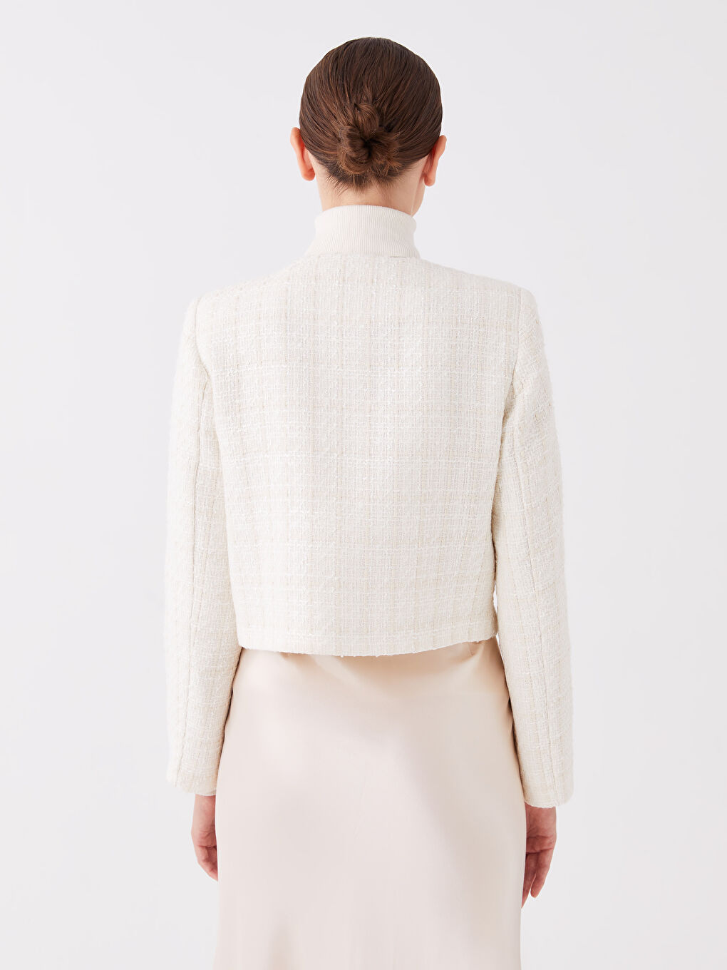 Ekru Bisiklet Yaka Ekose Uzun Kollu Kadın Ceket-4