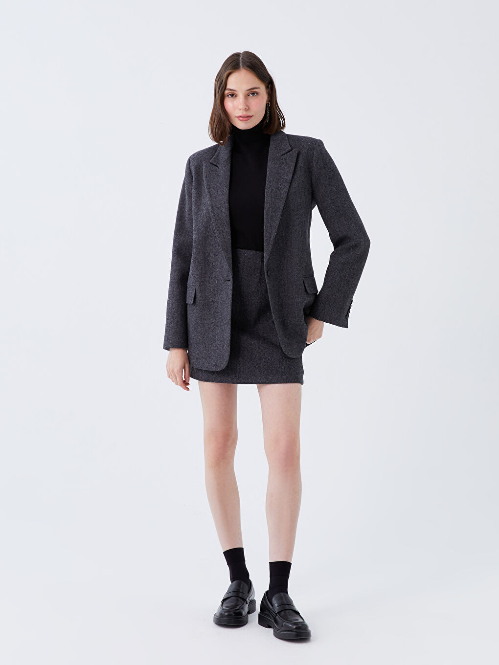 Antrasit Düz Uzun Kollu Kadın Blazer Ceket-3