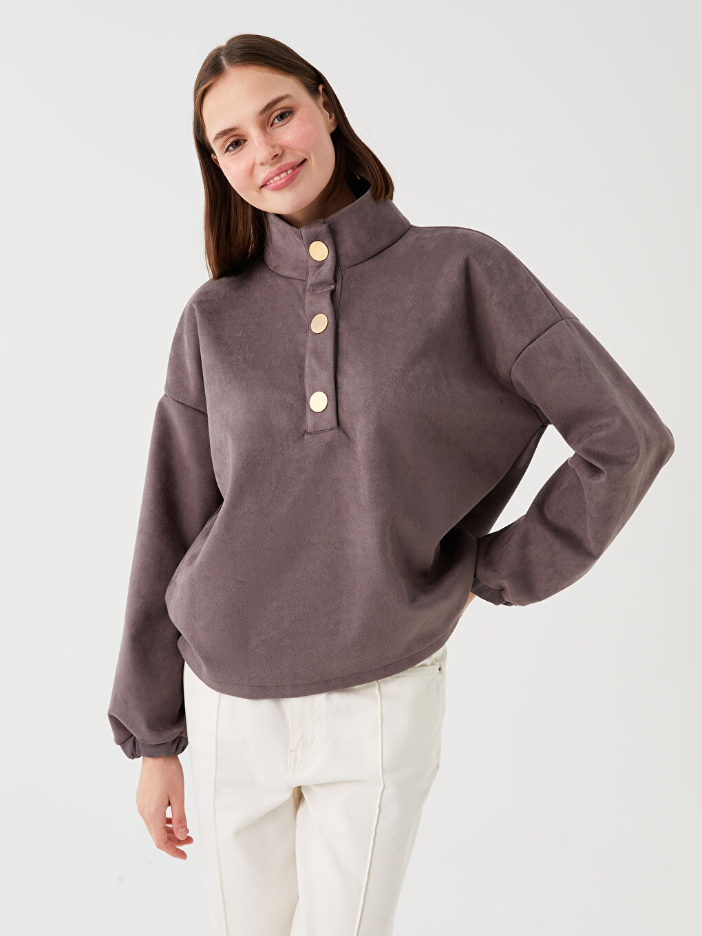 Gri Dik Yaka Oversize Kadın Sweatshirt