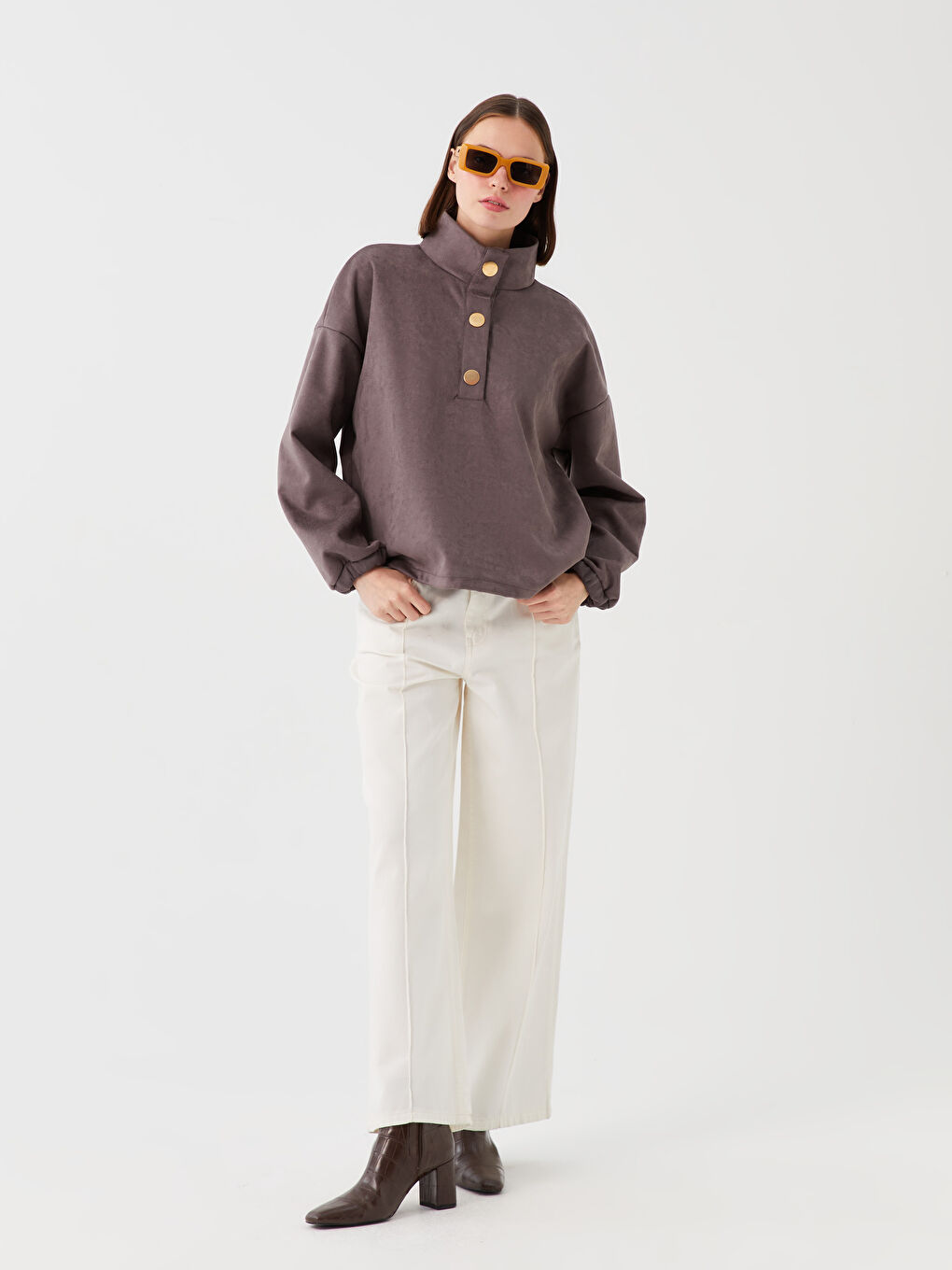 Gri Dik Yaka Oversize Kadın Sweatshirt-2