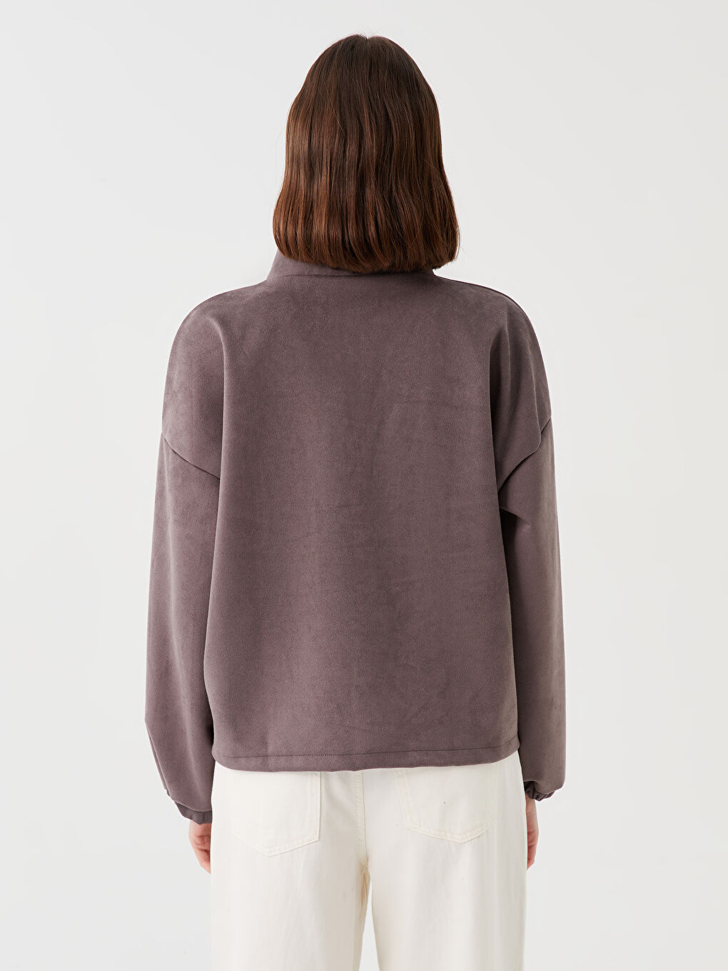 Gri Dik Yaka Oversize Kadın Sweatshirt-4