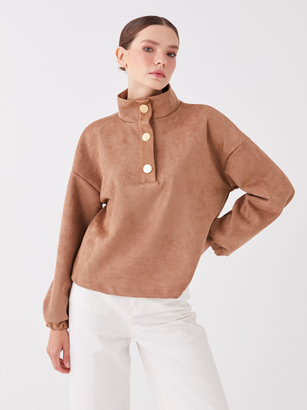 LCW Vision Açık Kahverengi Dik Yaka Oversize Kadın Sweatshirt