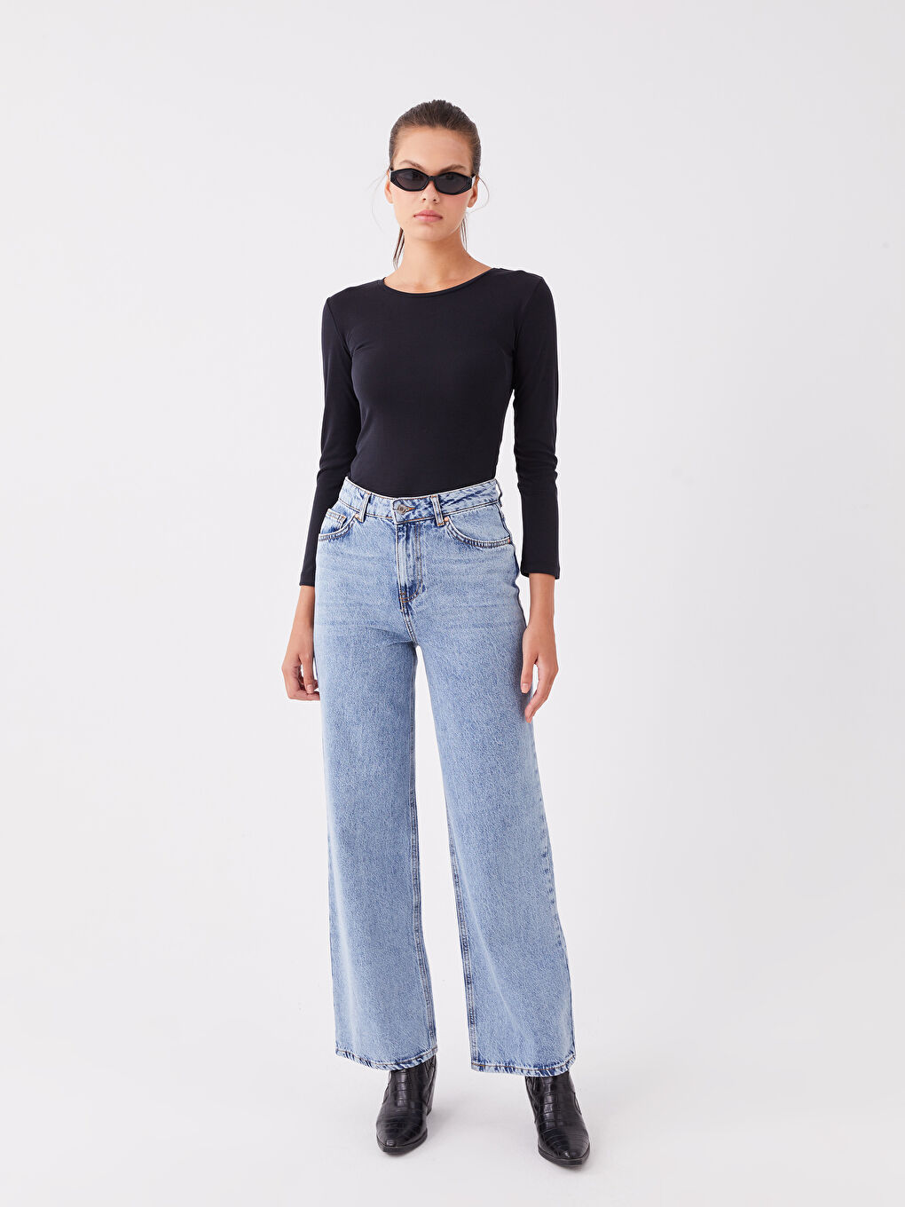 Mavi Yüksek Bel Wideleg Kadın Jean Pantolon-1