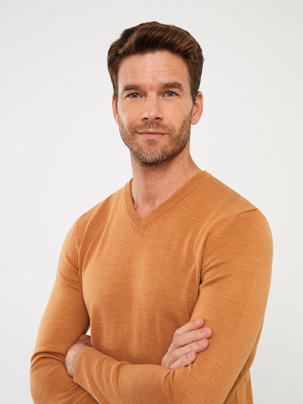 Pulover Tricotat cu Mânecă Lungă și Decolteu în V pentru Bărbați-1