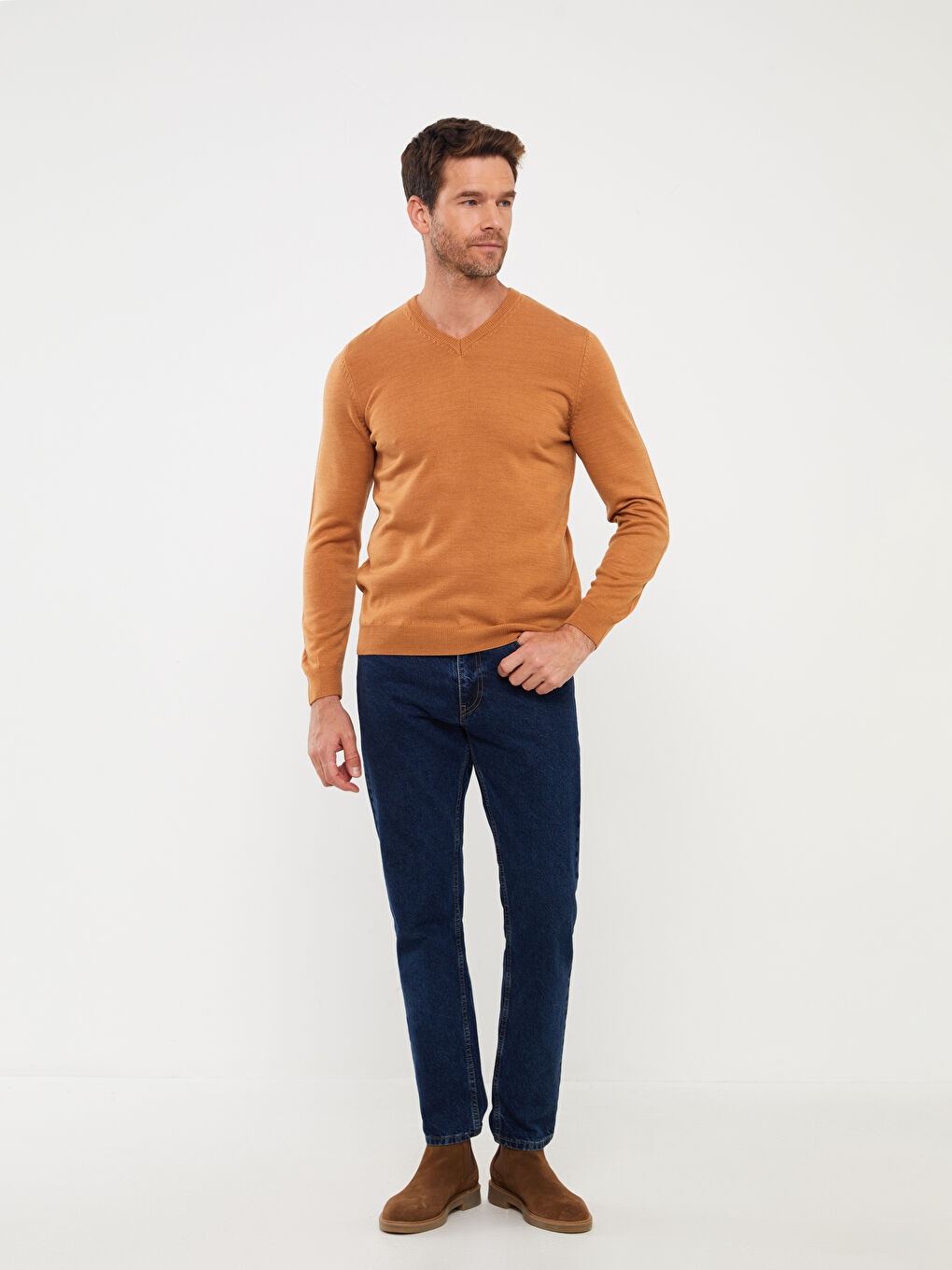 Pulover Tricotat cu Mânecă Lungă și Decolteu în V pentru Bărbați-2