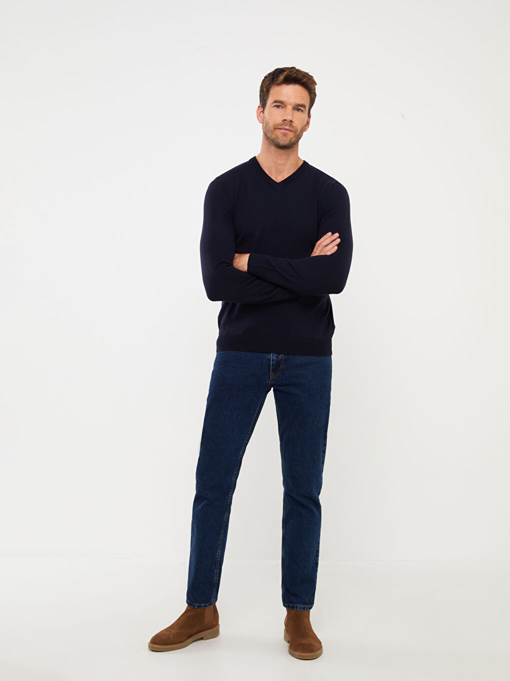 سترة تريكو بياقة على شكل حرف V وكم طويل للرجال-1