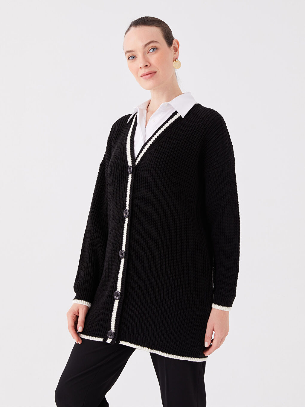 LC Waikiki V-Neck Self Patterned Long Sleeve Women's Knitwear Cardigan -W3GB66Z8-CVL