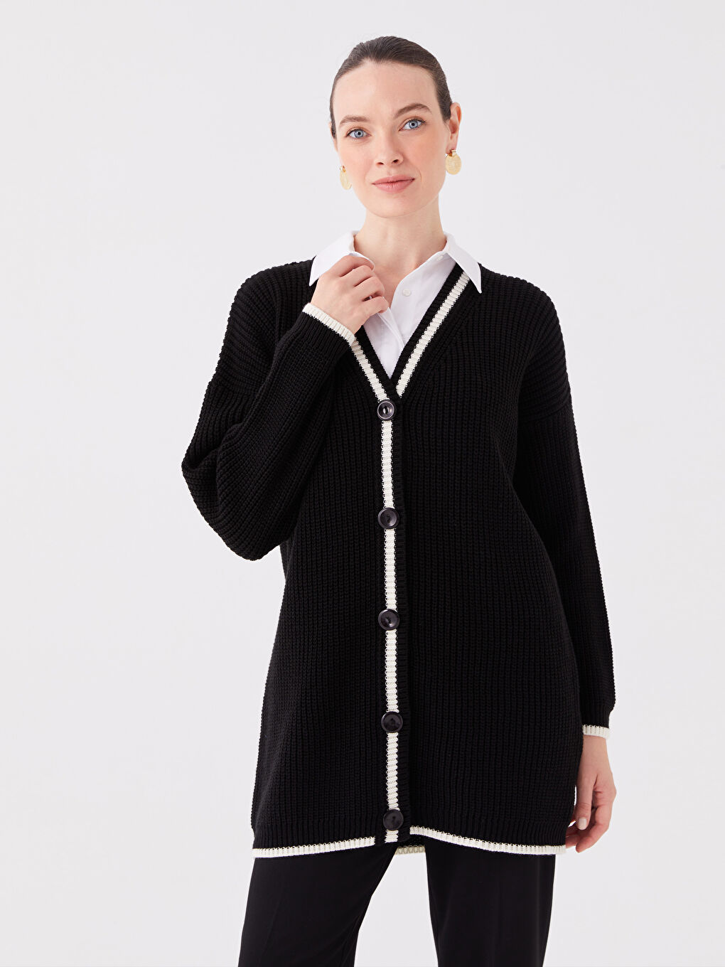 LC Waikiki V-Neck Self Patterned Long Sleeve Women's Knitwear Cardigan -W3GB66Z8-CVL