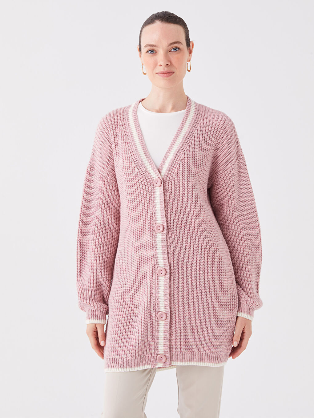 V-Neck Self Patterned Long Sleeve Women's Knitwear Cardigan