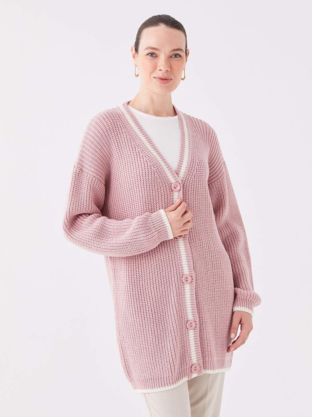 V-Neck Self Patterned Long Sleeve Women's Knitwear Cardigan-1