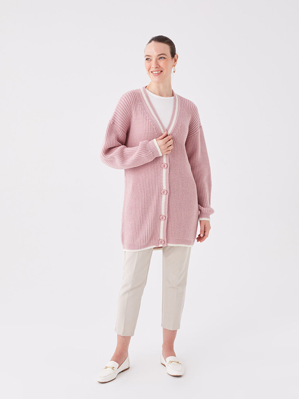 V-Neck Self Patterned Long Sleeve Women's Knitwear Cardigan-2