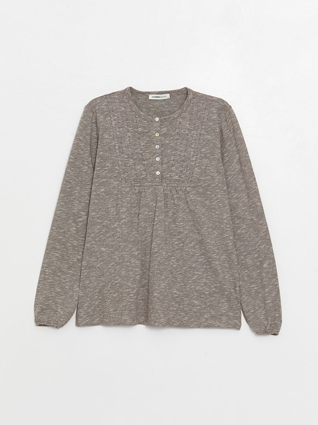 Bej Bisiklet Yaka Nakışlı Uzun Kollu Kadın Bluz-5