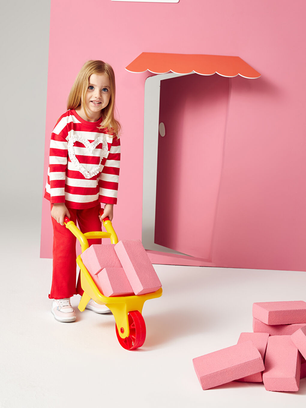 Kırmızı Bisiklet Yaka Çizgili Kız Bebek Bluz ve Pantolon 2'li Takım