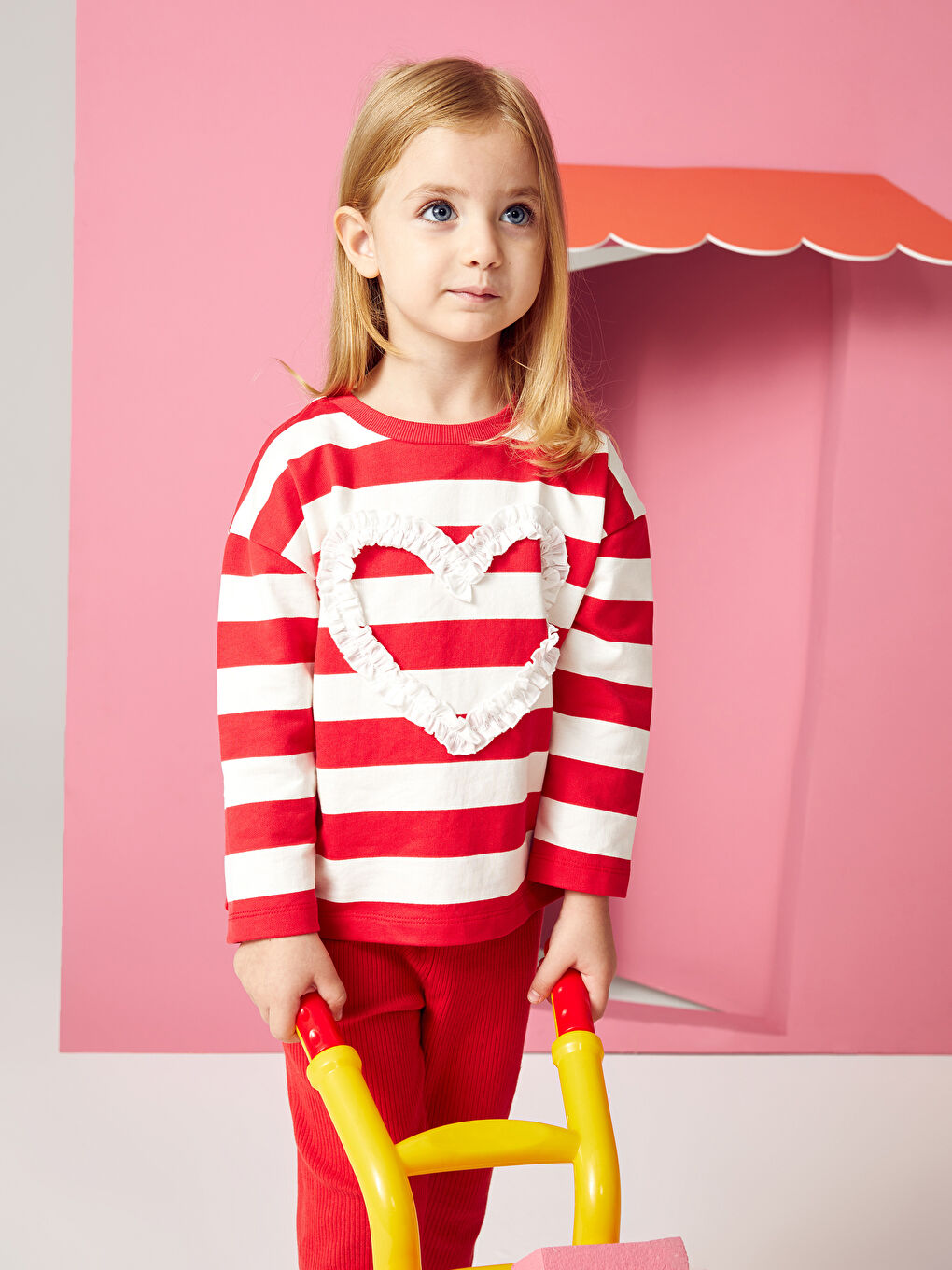 Kırmızı Bisiklet Yaka Çizgili Kız Bebek Bluz ve Pantolon 2'li Takım-1