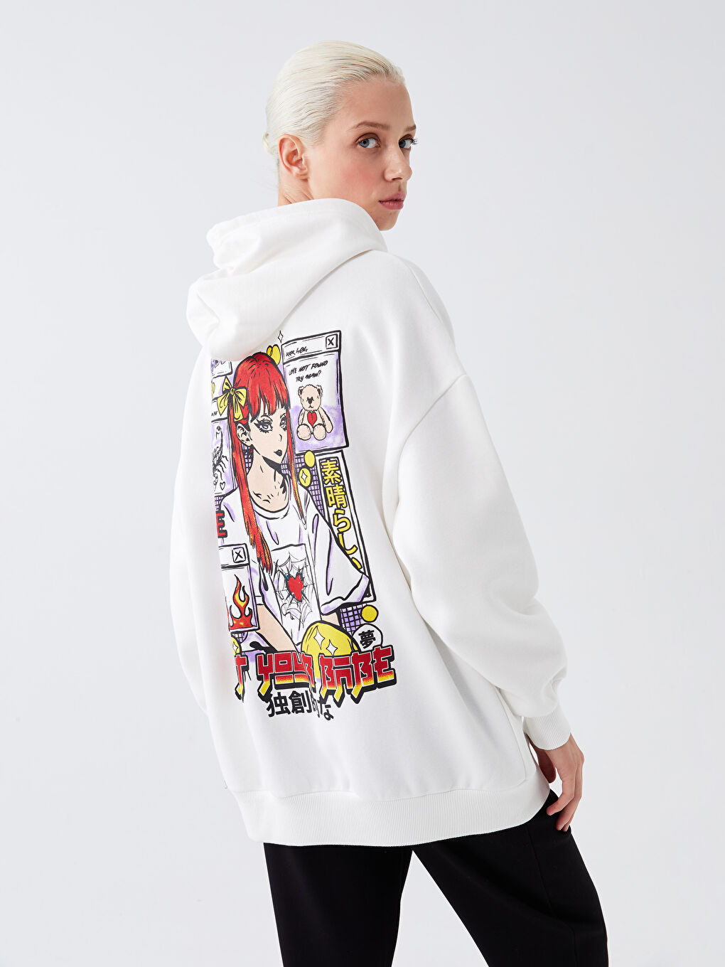 XSIDE Ekru Baskılı Oversize Kadın Kalın Hoodie