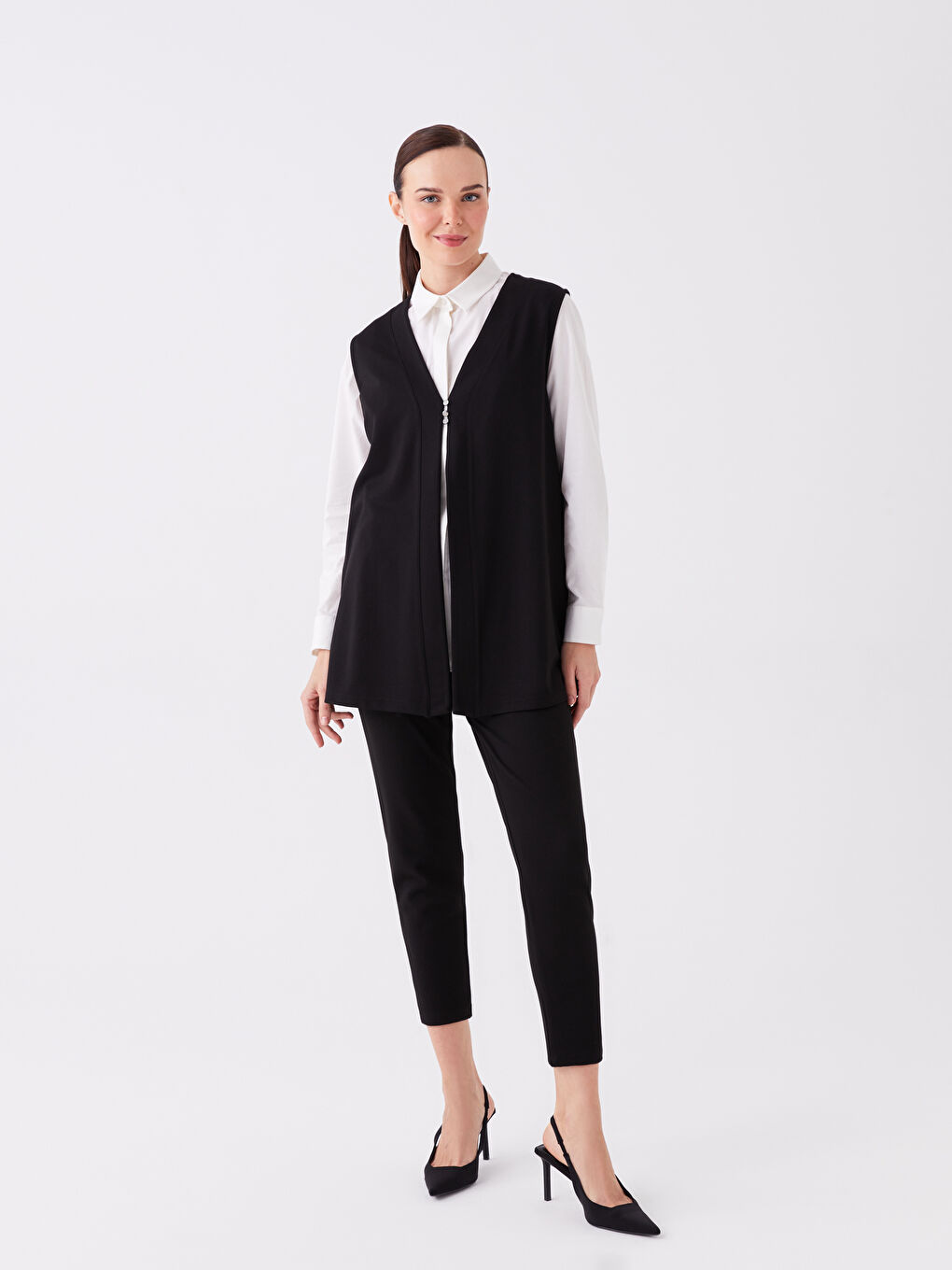 Siyah Kadın V Yaka Düz Yelek-2