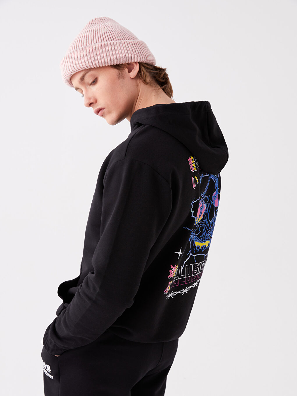 XSIDE Yeni Siyah Uzun Kollu Baskılı Erkek Hoodie