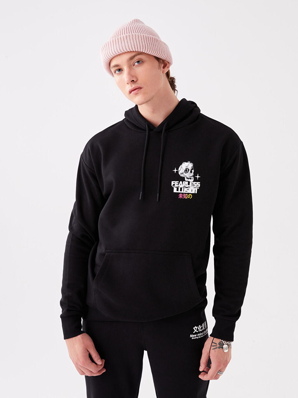 XSIDE Yeni Siyah Uzun Kollu Baskılı Erkek Hoodie - 1