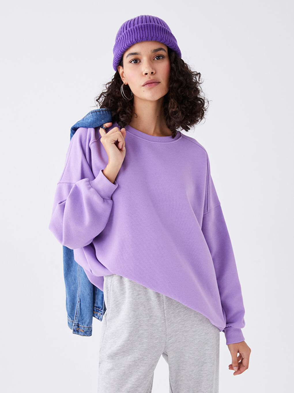 LCW Vision Mor Bisiklet Yaka Oversize Kadın Kalın Sweatshirt