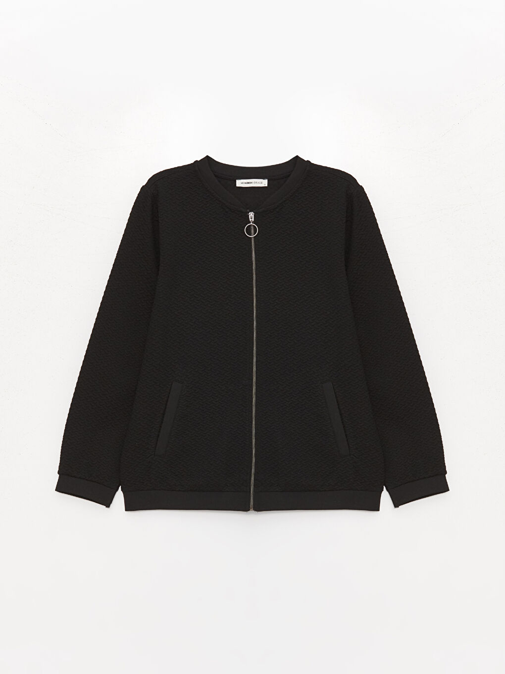 Siyah Bisiklet Yaka Kendinden Desenli Uzun Kollu Kadın Fermuarlı Sweatshirt-5