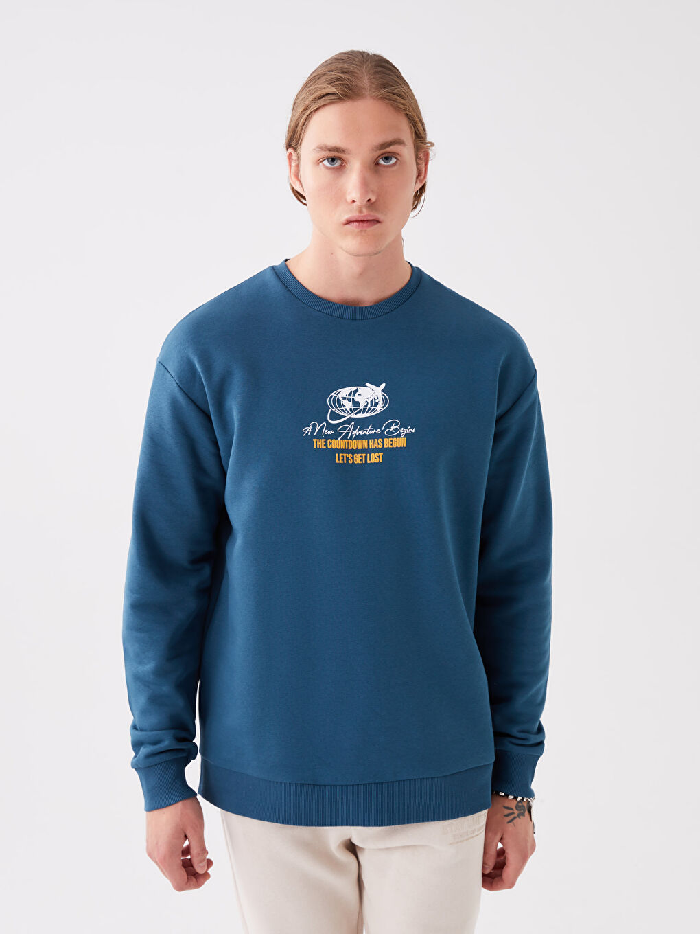 XSIDE Petrol Bisiklet Yaka Uzun Kollu Baskılı Erkek Kalın Sweatshirt - 1