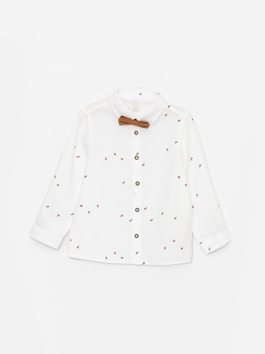 Beyaz Uzun Kollu Baskılı Erkek Bebek Gömlek ve Papyon