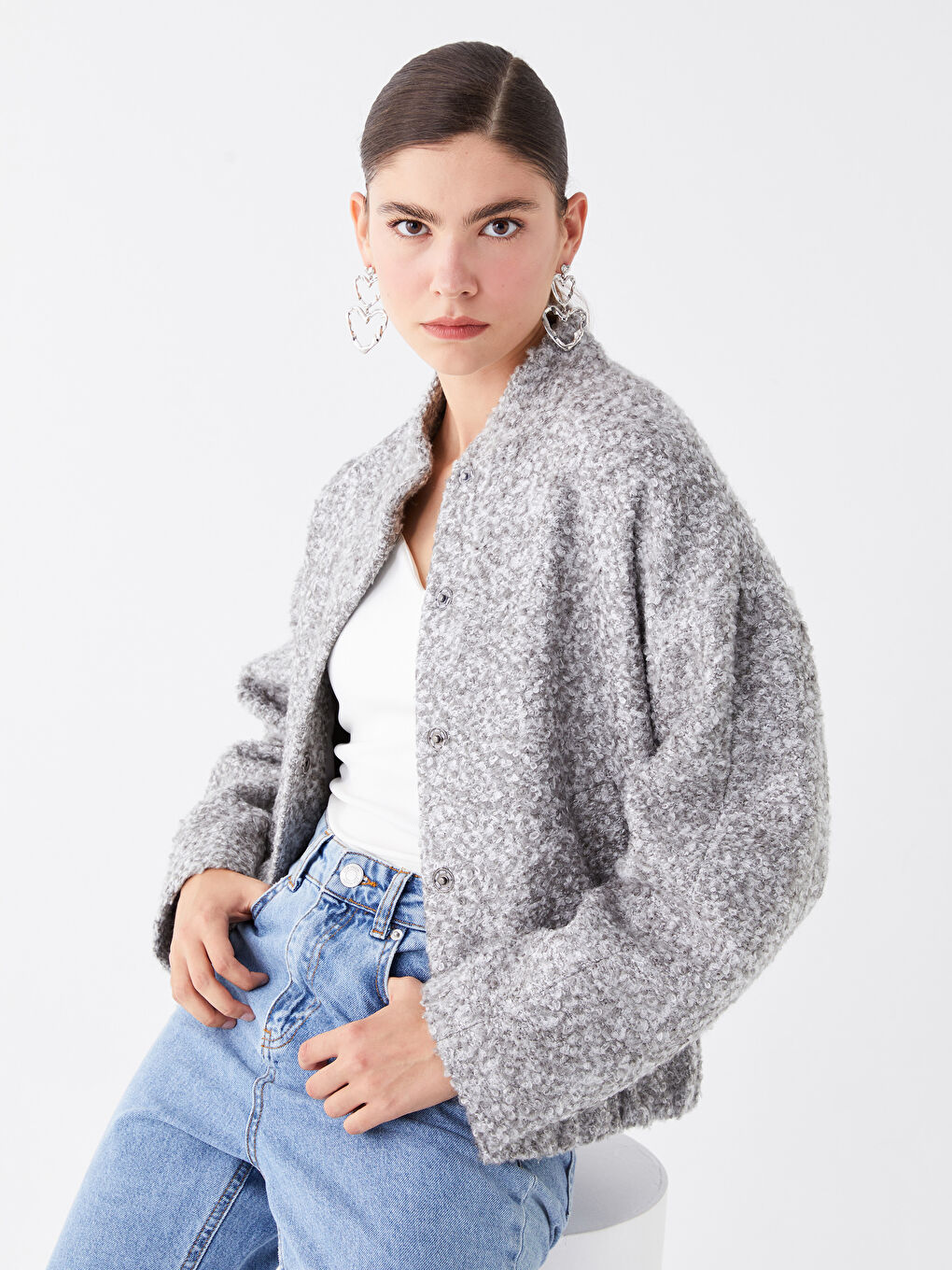 Gri Dik Yaka Düz Uzun Kollu Kadın Tüvit Ceket-2